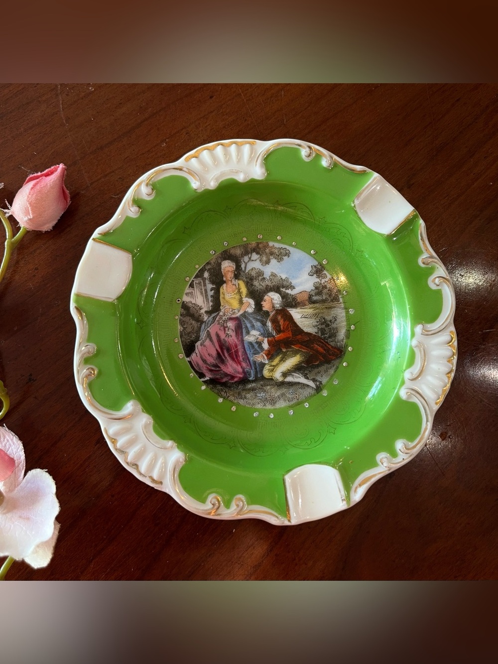 VTG 1960s Andrea by Sadek Green Fragonard Courting Couple Ashtray Trinket Dish